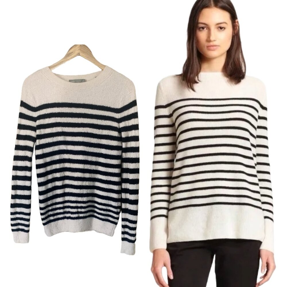 Vince women's black & white striped nubby wool crew neck sweater - Sz S